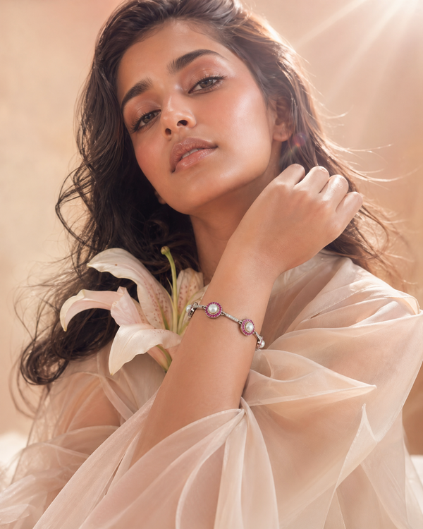 Lustrous Pearl and Pink CZ Halo Link Bracelet