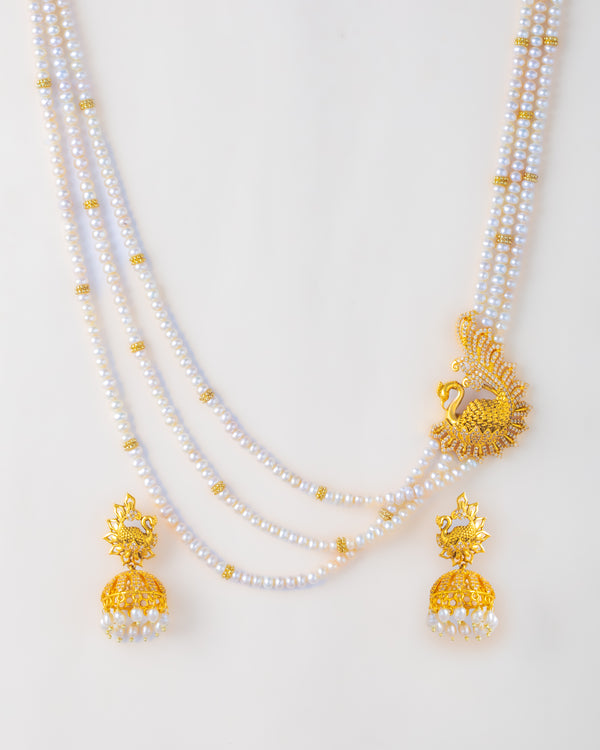 Pearl Goddess Lakshmi Layered Necklace Set With Peacock Temple Pendant