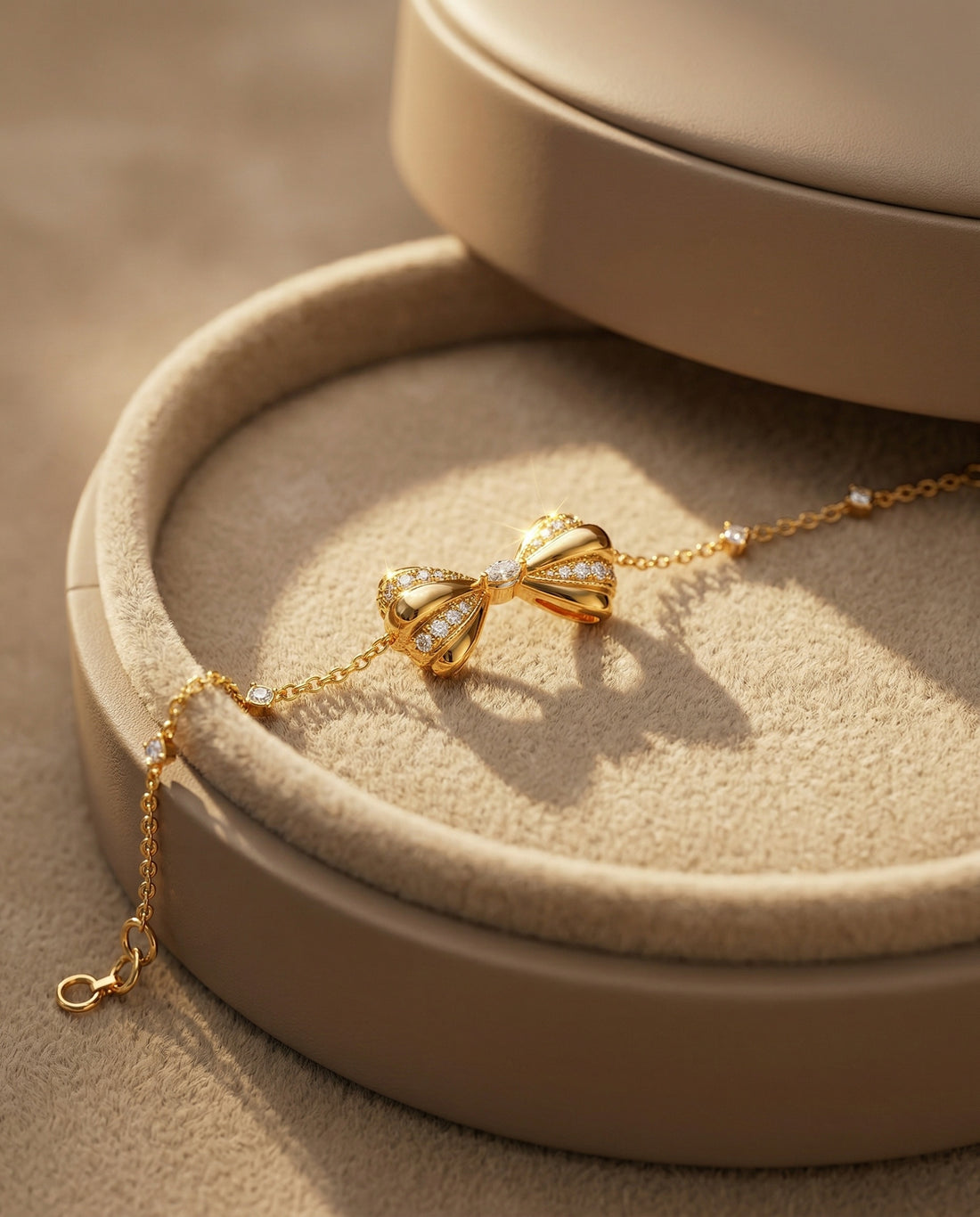 Gold bracelet with bow design on a white background