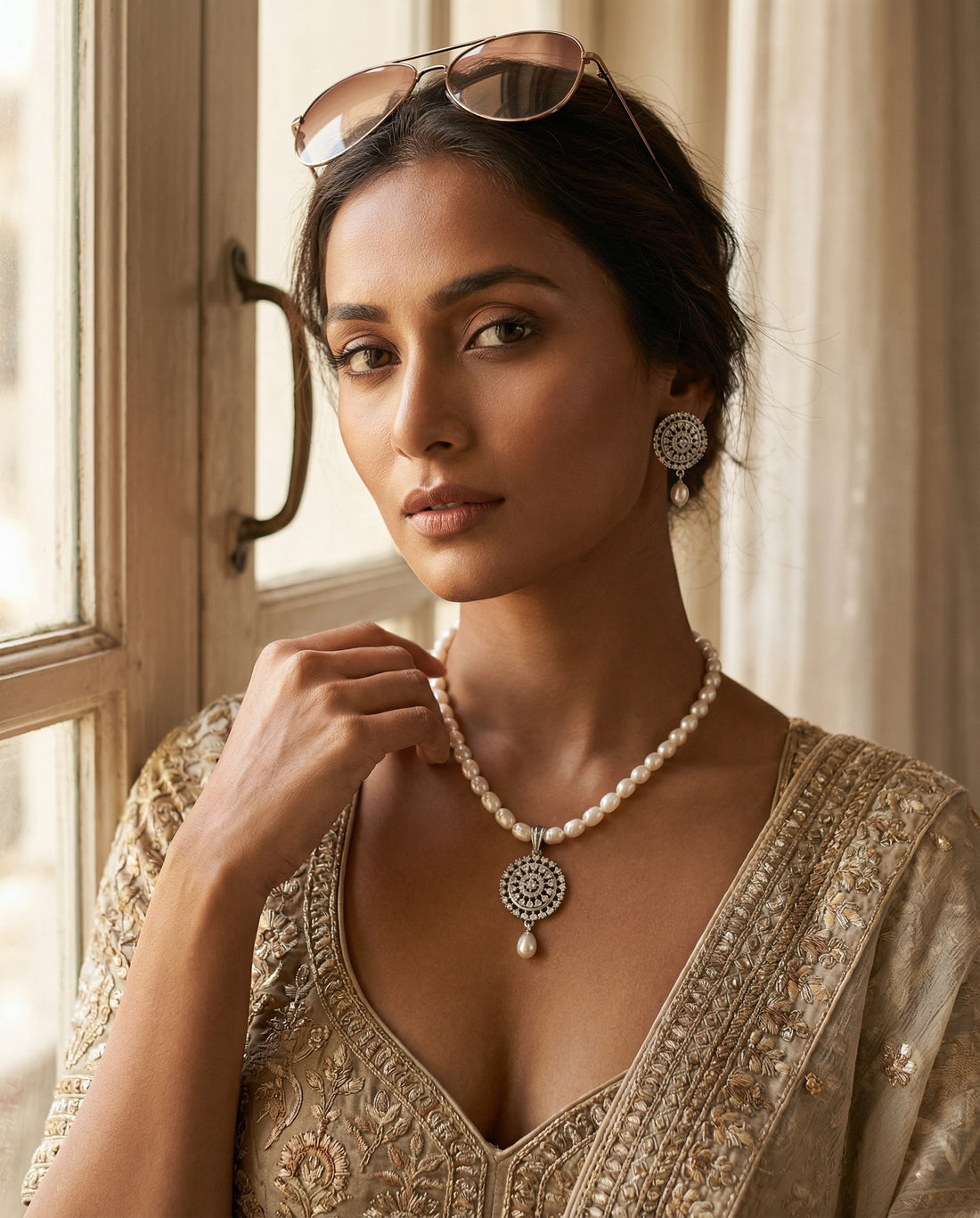 Regal Crimson White Pearl CZ Jewellery Set