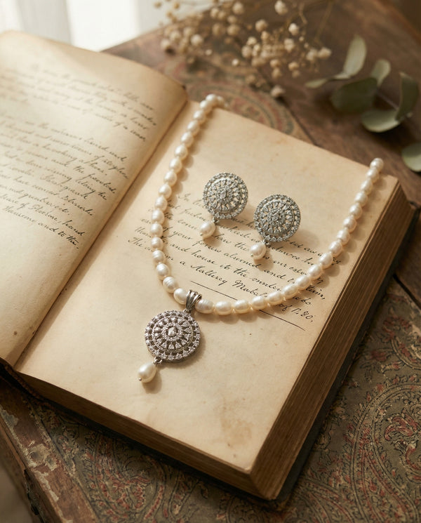 Regal Crimson White Pearl CZ Jewellery Set