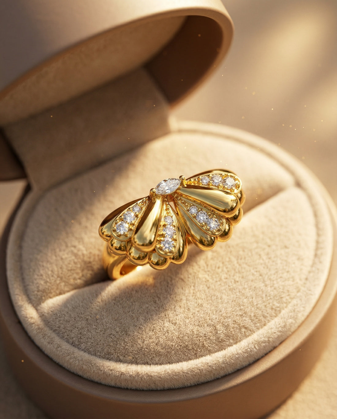 Gold ring with diamond accents on a white background