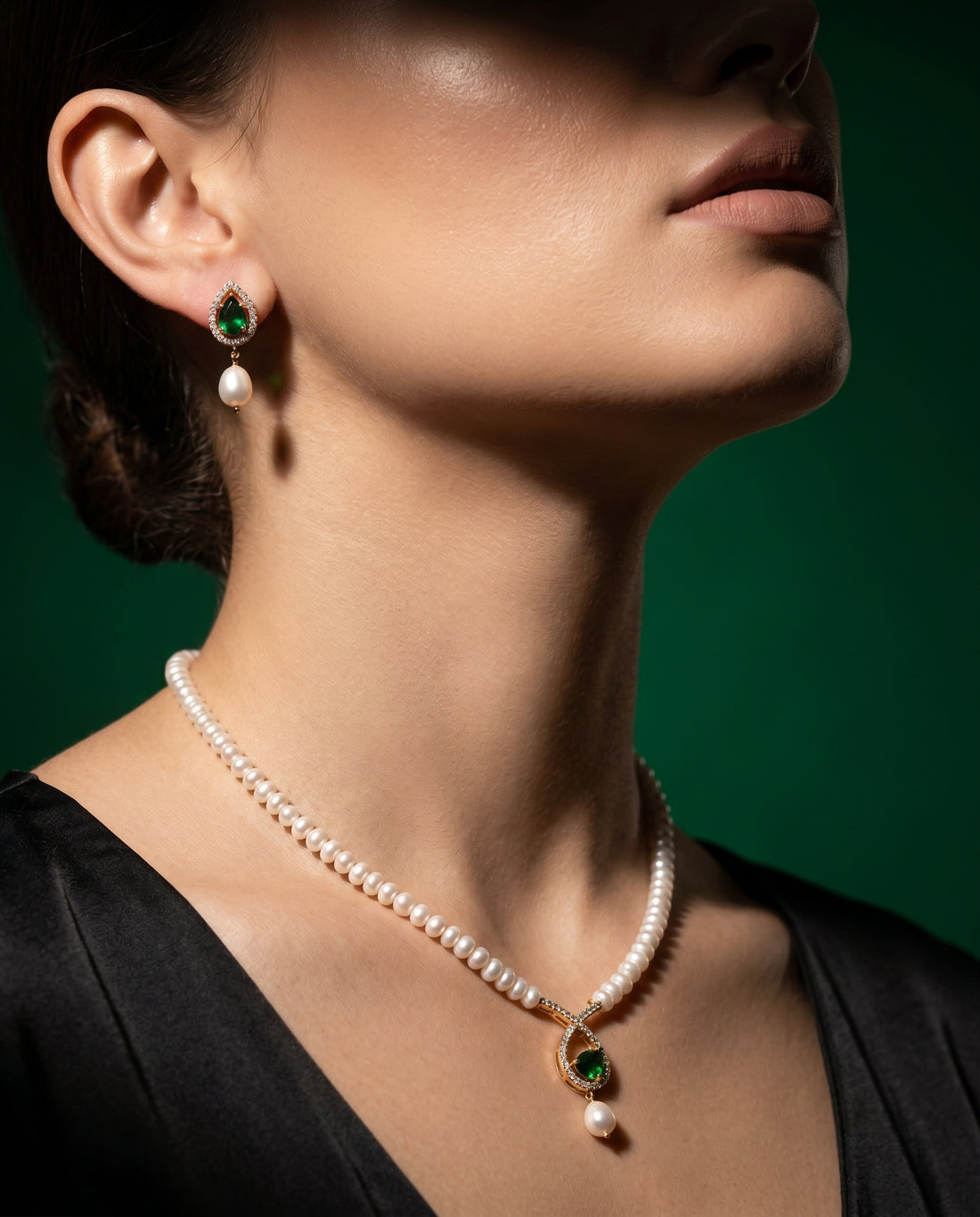 Emerald Teardrop Pearl & CZ Infinity Set