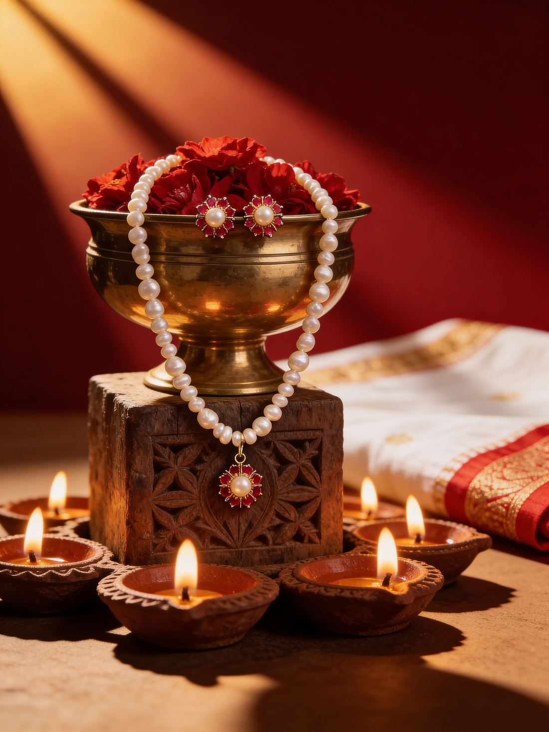 Timeless Ruby-Red Bloom & Pearl Jewellery Set