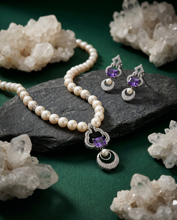 Royal Amethyst & CZ Pearl Jewellery Set