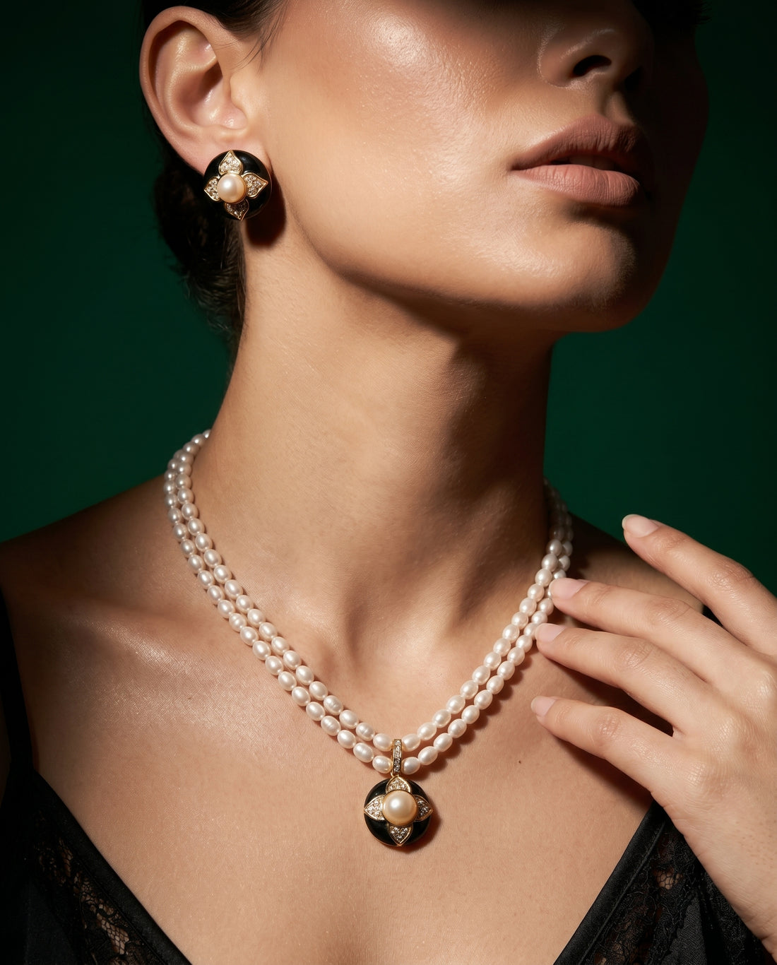 Elegant Black Enamel & Pearl Floral Jewellery Set