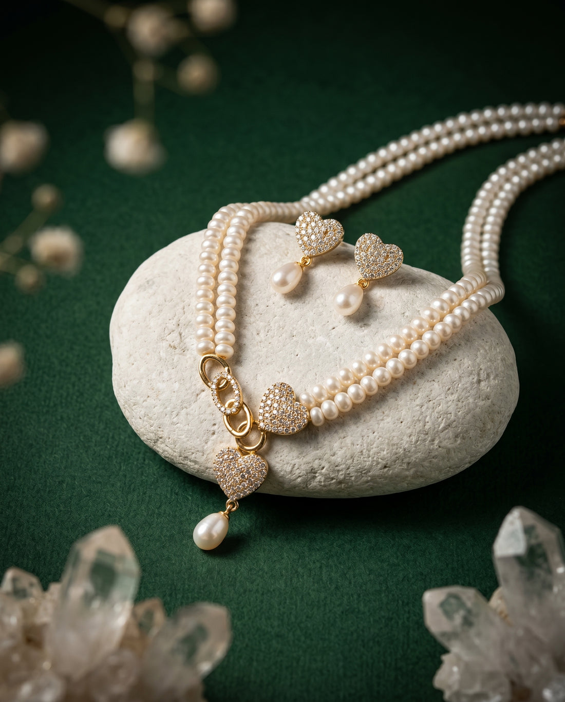 Romantic Heart-to-Heart Pearl Duo Necklace & earring Set