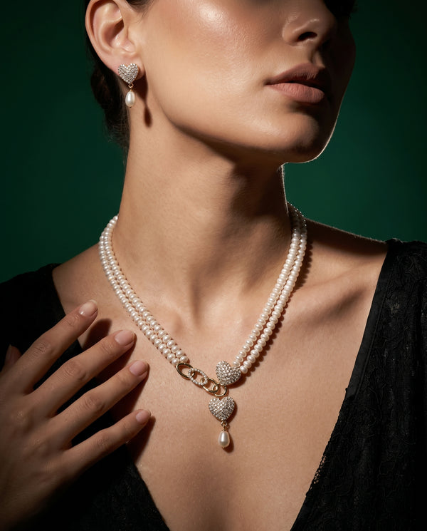 Romantic Heart-to-Heart Pearl Duo Necklace & earring Set