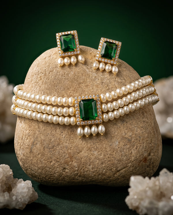 Emerald Majesty Triple-Strand Pearl Choker Set