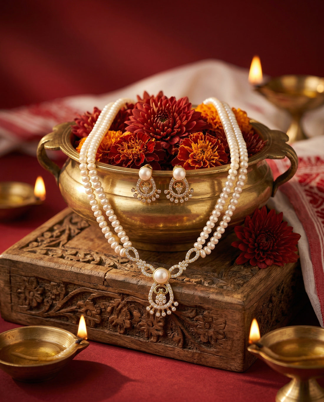 Graceful Double-Strand Pearl & Crystal Chandelier Jewellery Set