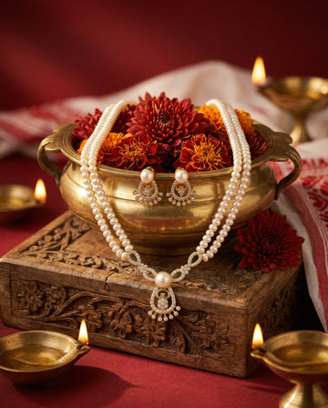 Graceful Double-Strand Pearl & Crystal Chandelier Jewellery Set