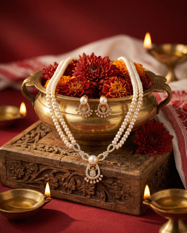 Graceful Double-Strand Pearl & Crystal Chandelier Jewellery Set