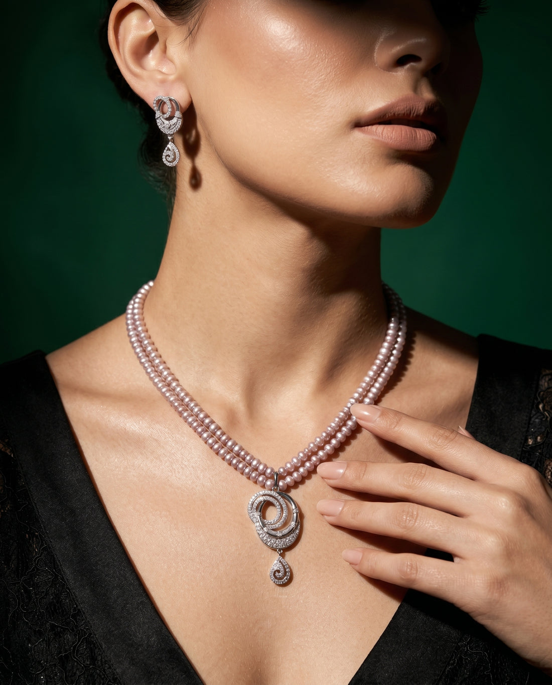 Ethereal Pink Pearl Double-Strand Swirl Drop Necklace & Earring Set