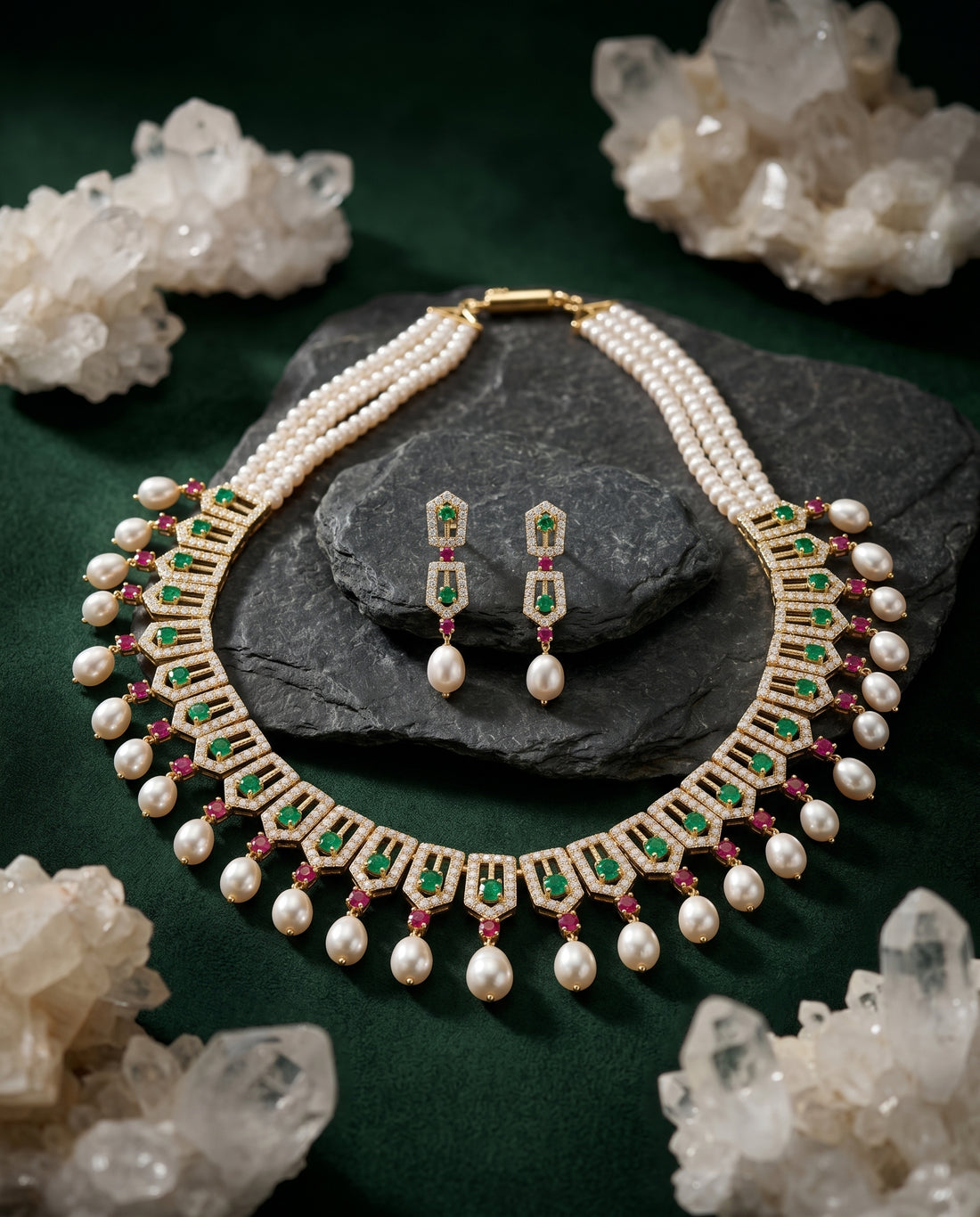 Royal Emerald & Ruby Multi-Strand Pearl Jewellery Set