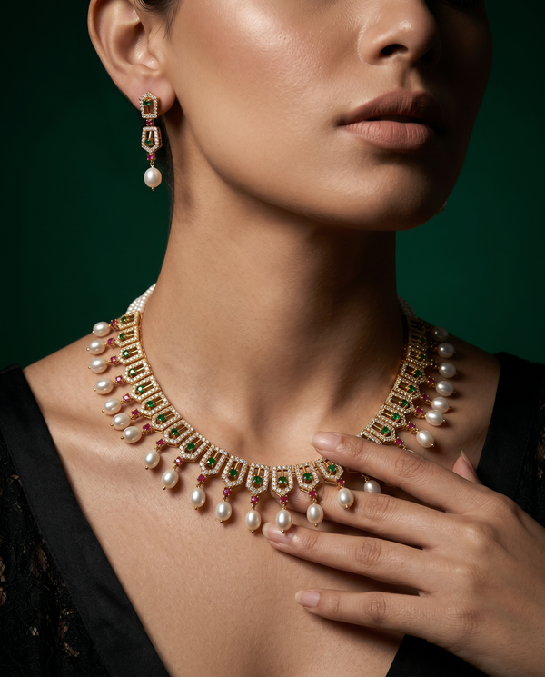 Royal Emerald & Ruby Multi-Strand Pearl Jewellery Set