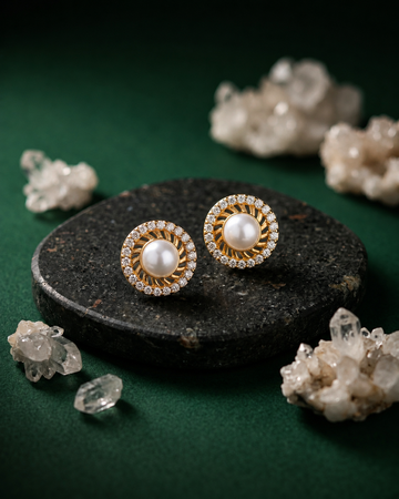 Sunburst White Pearl CZ Stud Earrings