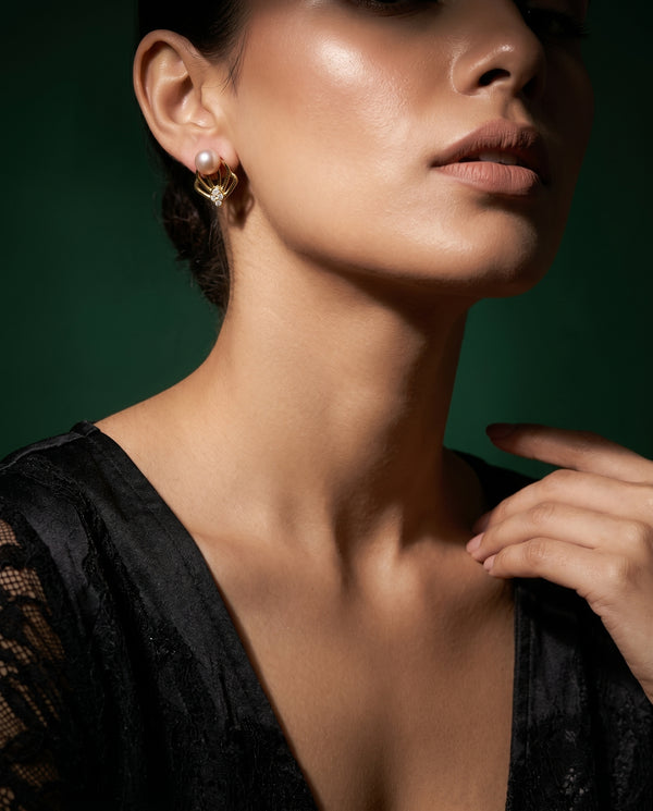 Architectural Gold-Plated Pink Pearl Stud Earrings