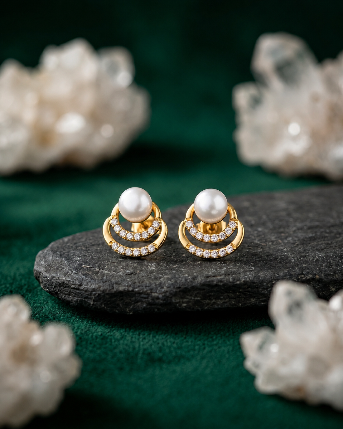 Gold-Plated Double Crescent Orbital CZ Pearl Stud Earrings