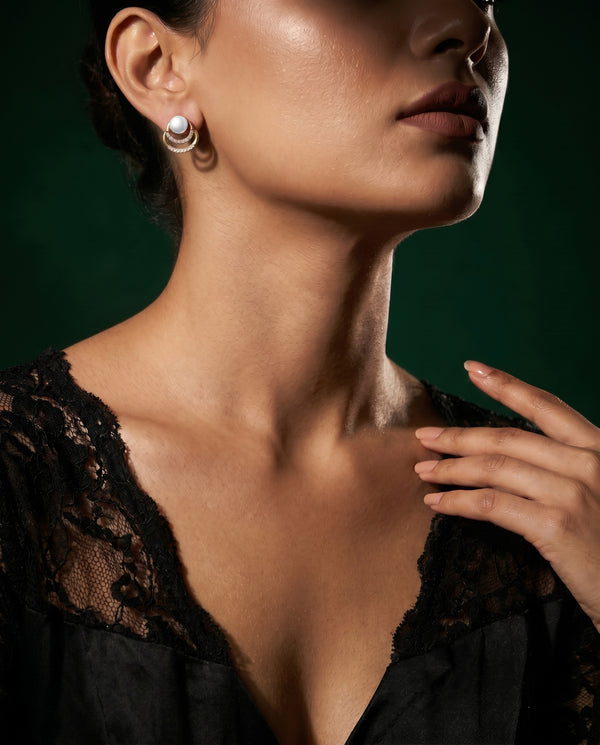 Gold-Plated Double Crescent Orbital CZ Pearl Stud Earrings