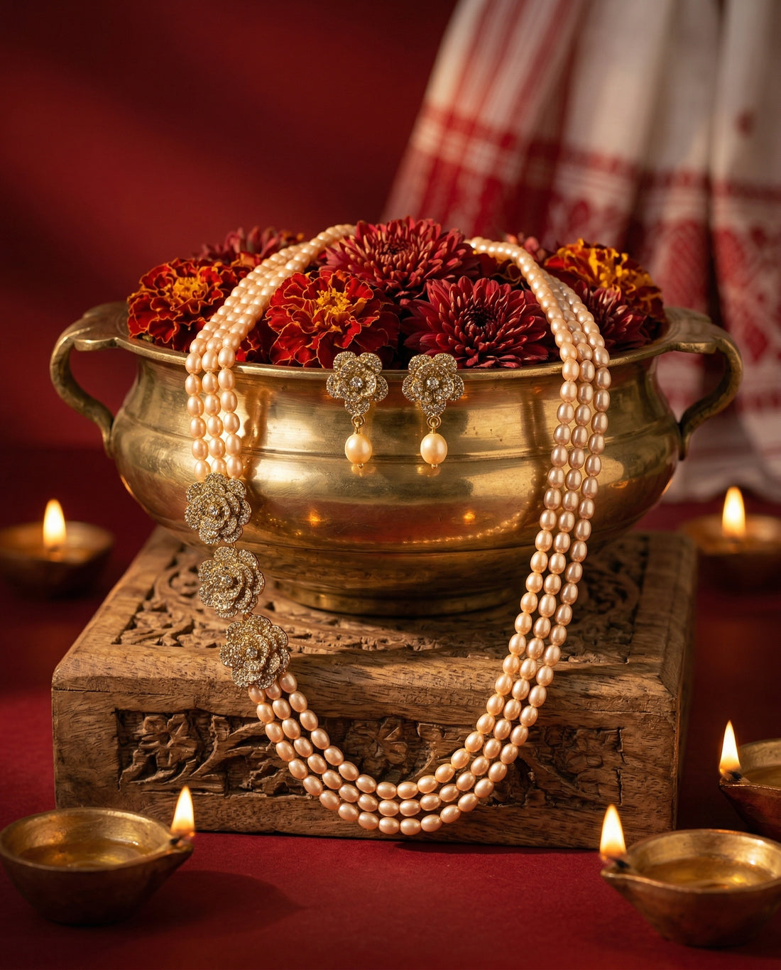 Opulent Rose Gold Triple-Strand Pearl & Floral Bloom Set