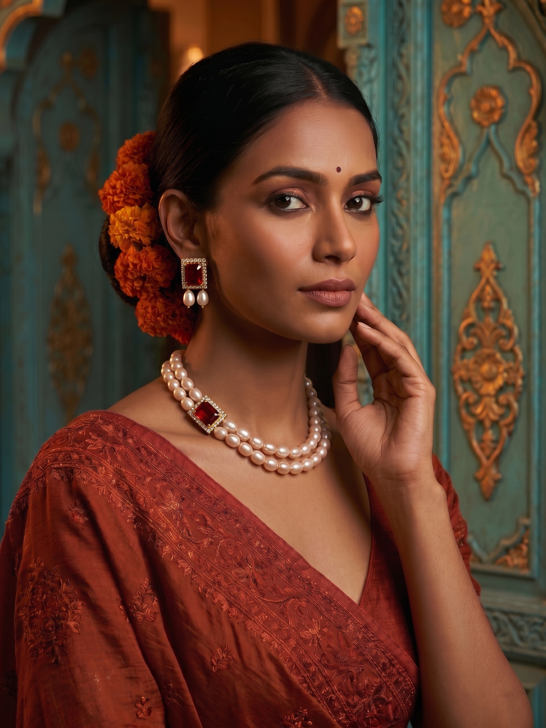 Elegant Dual-Strand Peach Pearl Necklace Set