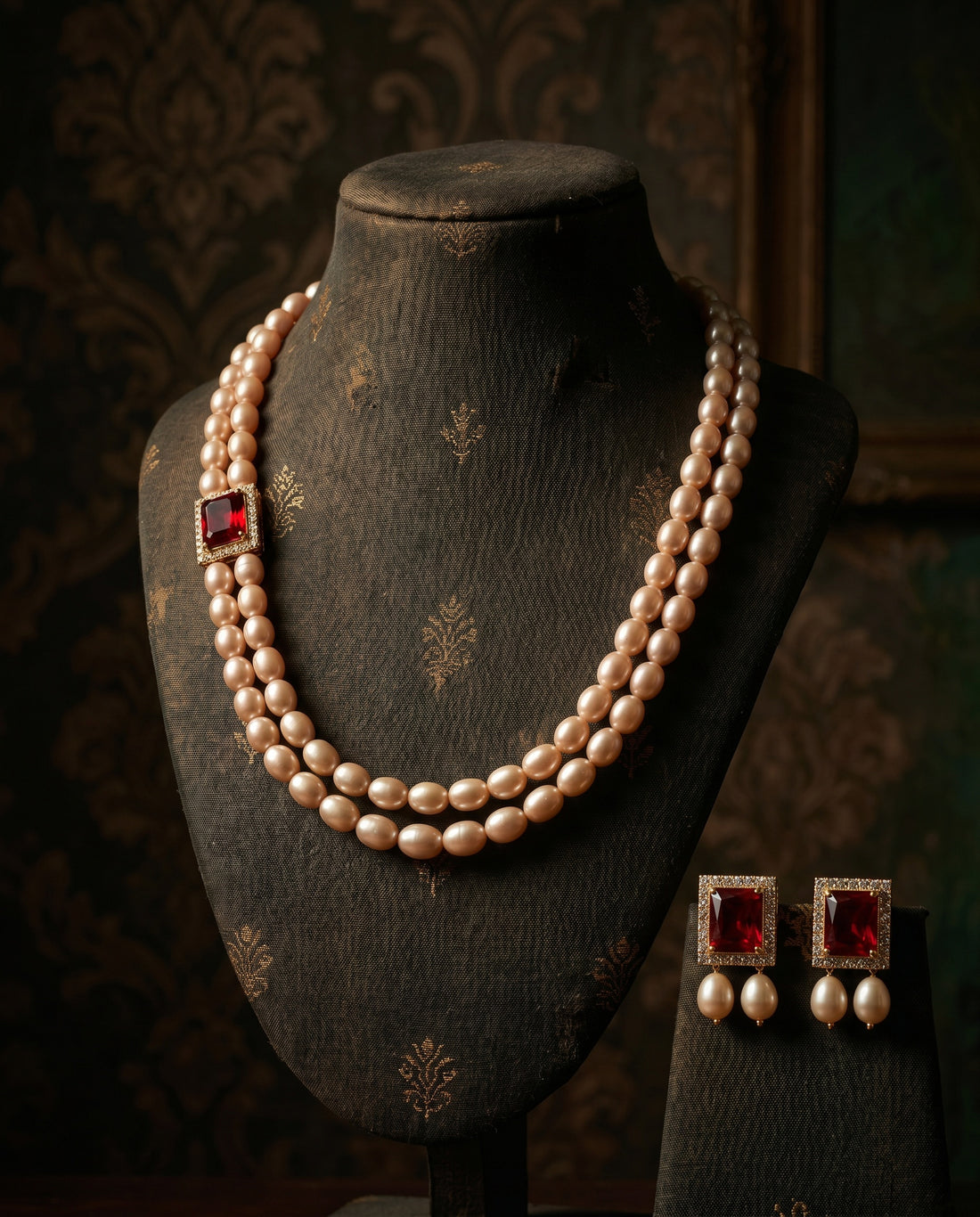 Elegant Dual-Strand Peach Pearl Necklace Set