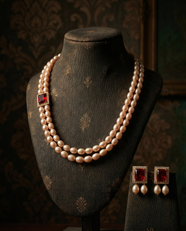 Elegant Dual-Strand Peach Pearl Necklace Set