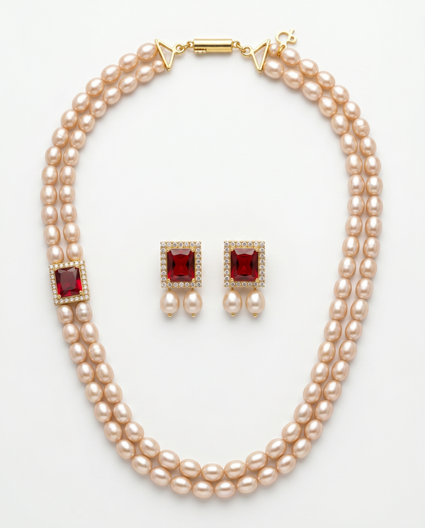 Elegant Dual-Strand Peach Pearl Necklace Set