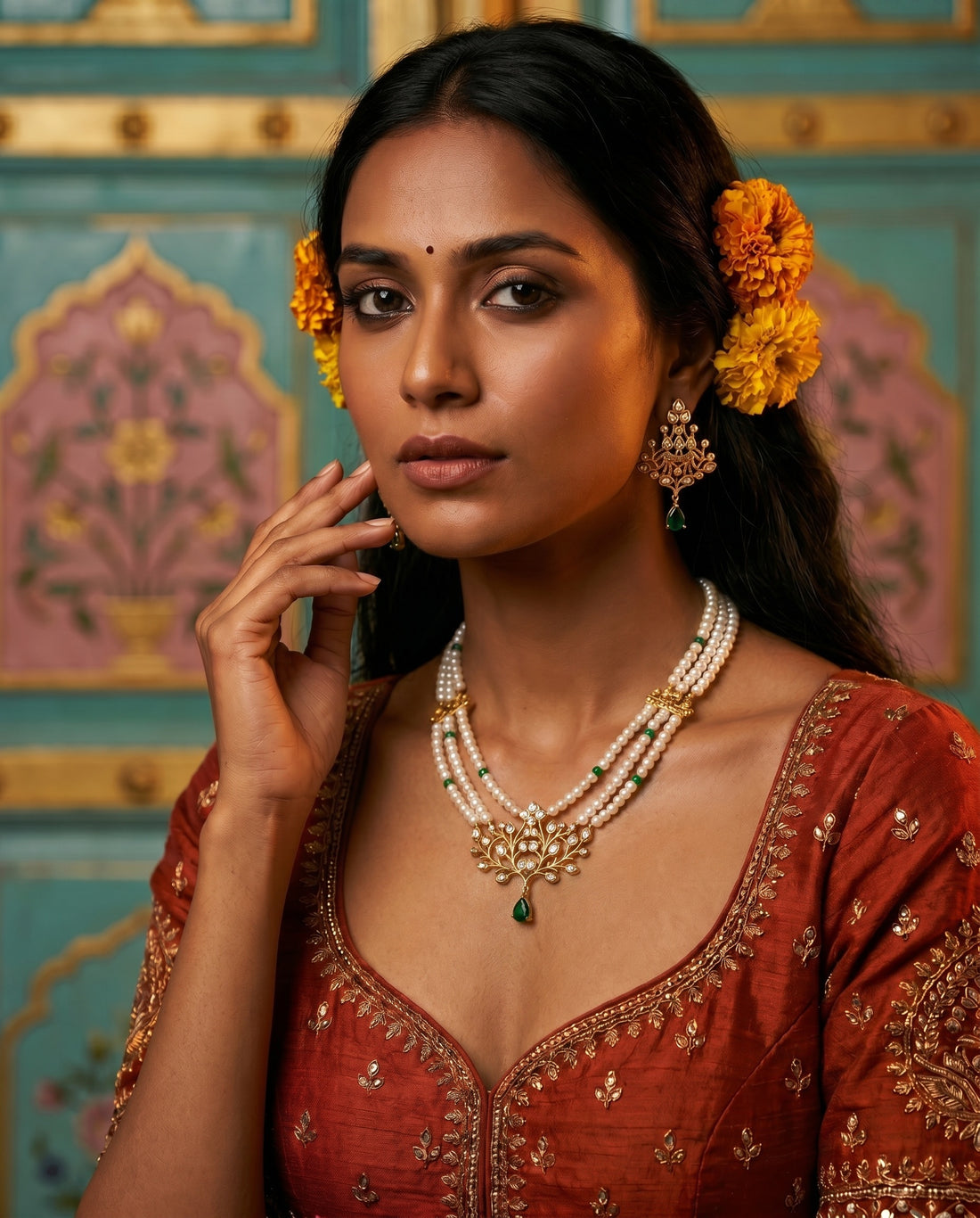 Royal Three-Strand Pearl Heritage Necklace and Chandelier Earring Set