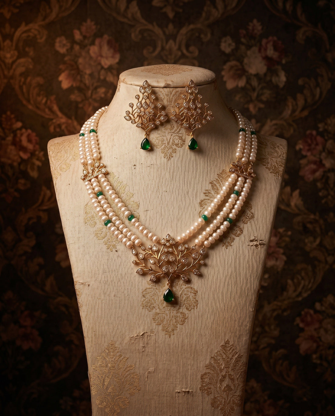 Royal Three-Strand Pearl Heritage Necklace and Chandelier Earring Set