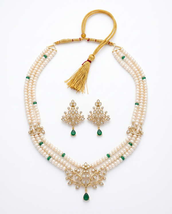 Royal Three-Strand Pearl Heritage Necklace and Chandelier Earring Set