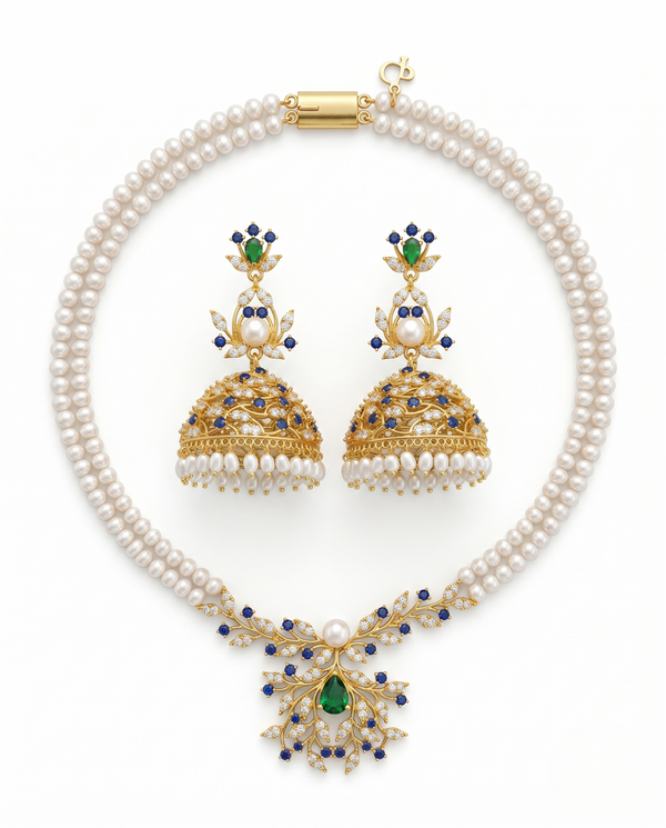 Majestic Double-Strand Peacock-Inspired Pearl Set