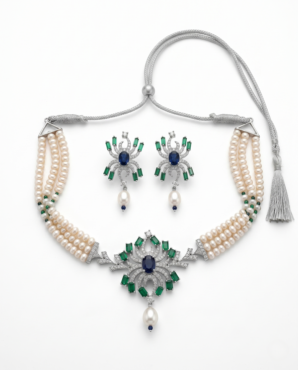 Contemporary Triple Strand Choker Style Pearl Jewellery Set