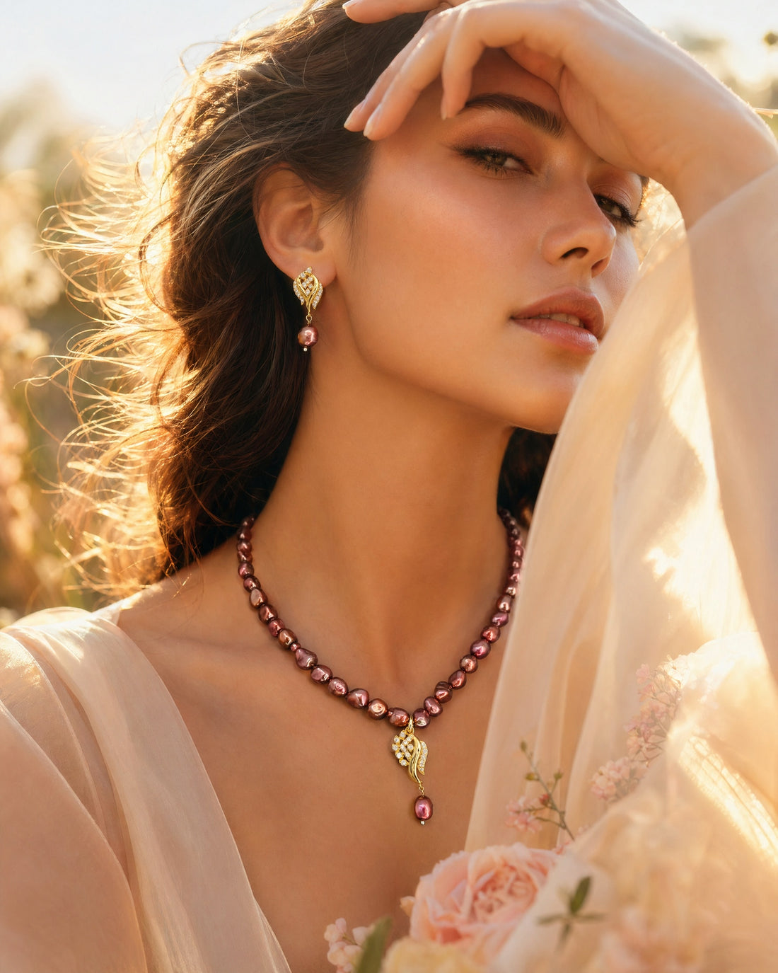 Majestic Pearl & Golden Leaf Jewellery Set