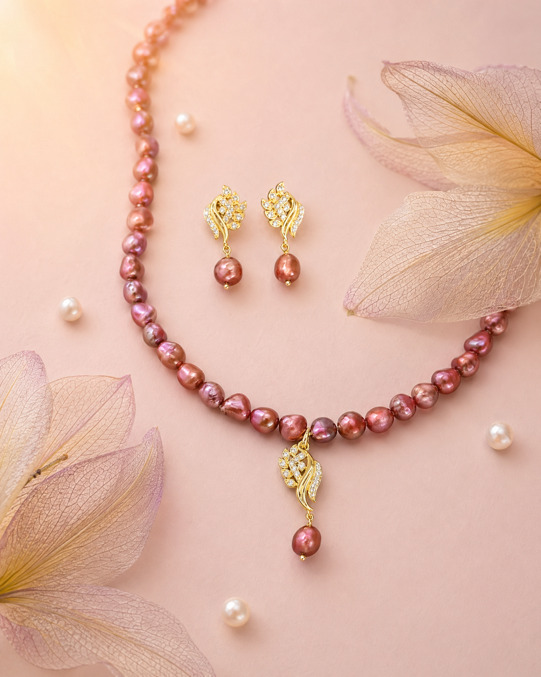 Majestic Pearl & Golden Leaf Jewellery Set