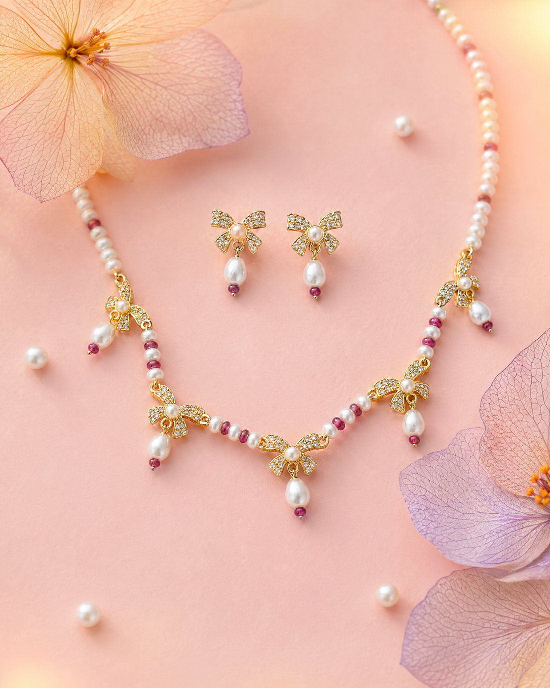 Graceful Ribbon Bow & Pearl Jewellery Set
