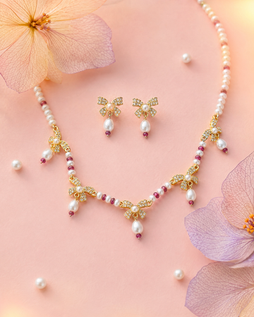 Graceful Ribbon Bow & Pearl Jewellery Set
