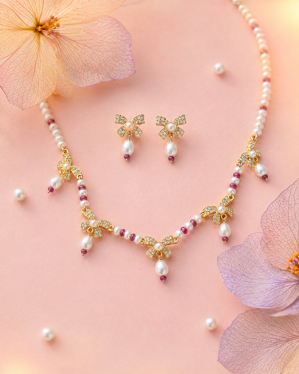 Graceful Ribbon Bow & Pearl Jewellery Set
