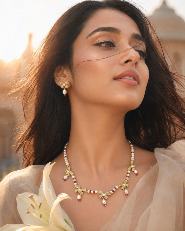 Graceful Ribbon Bow & Pearl Jewellery Set