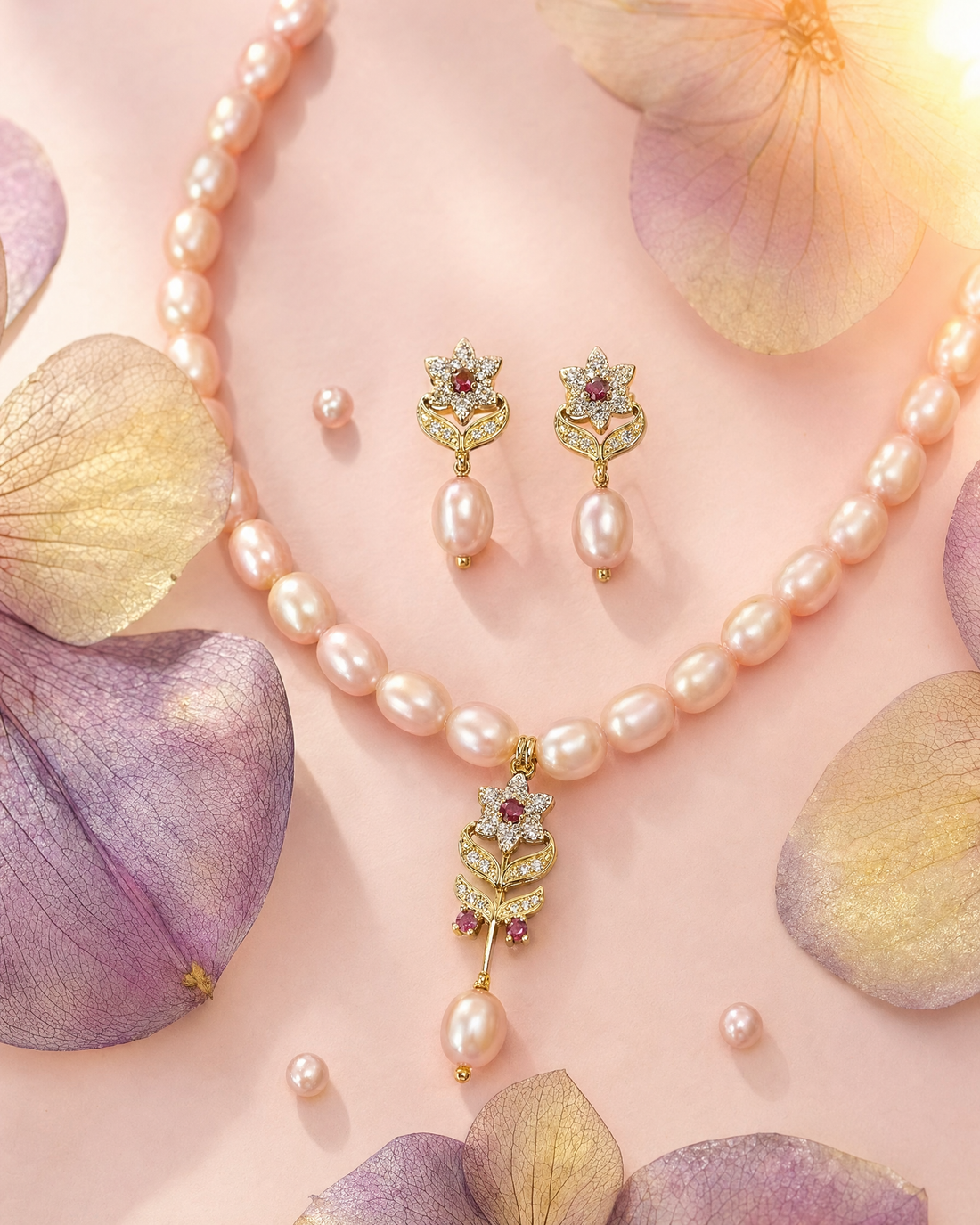 Radiant Blush Pearl Floral Jewellery Set