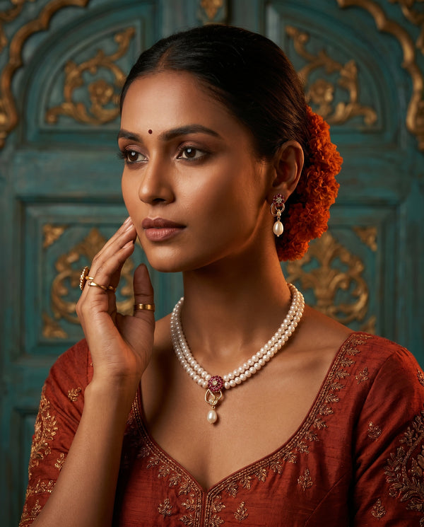Elegant Ruby CZ Double Layer White Pearl Jewellery Set