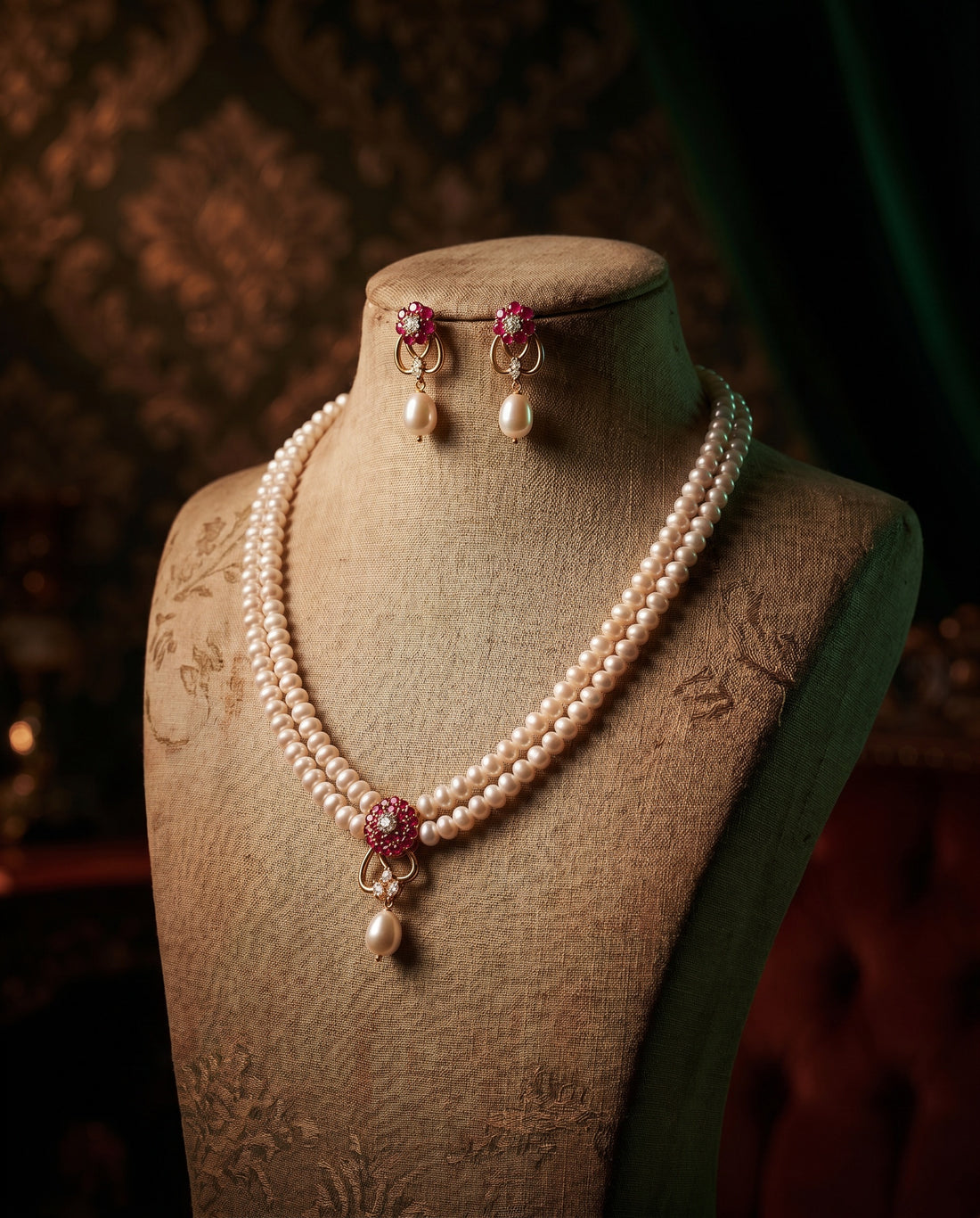 Elegant Ruby CZ Double Layer White Pearl Jewellery Set
