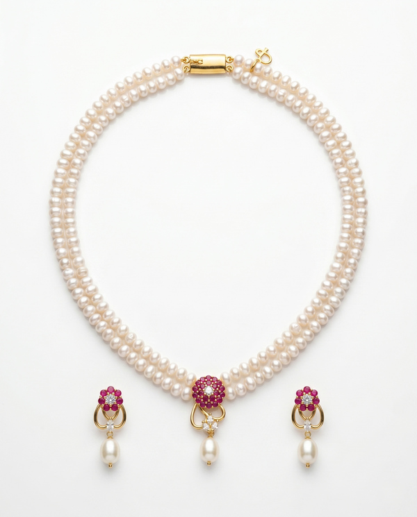 Elegant Ruby CZ Double Layer White Pearl Jewellery Set