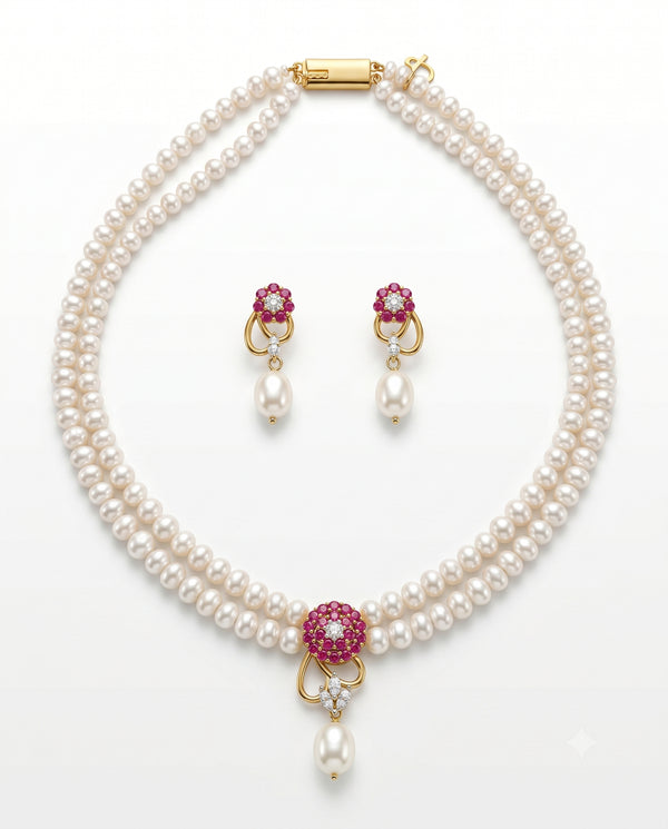 Elegant Ruby CZ Double Layer White Pearl Jewellery Set
