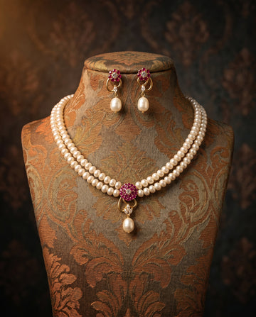 Elegant Ruby CZ Double Layer White Pearl Jewellery Set