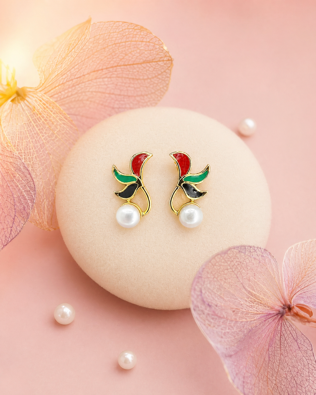 Vibrant Botanical Enamel & Pearl Drop Earrings