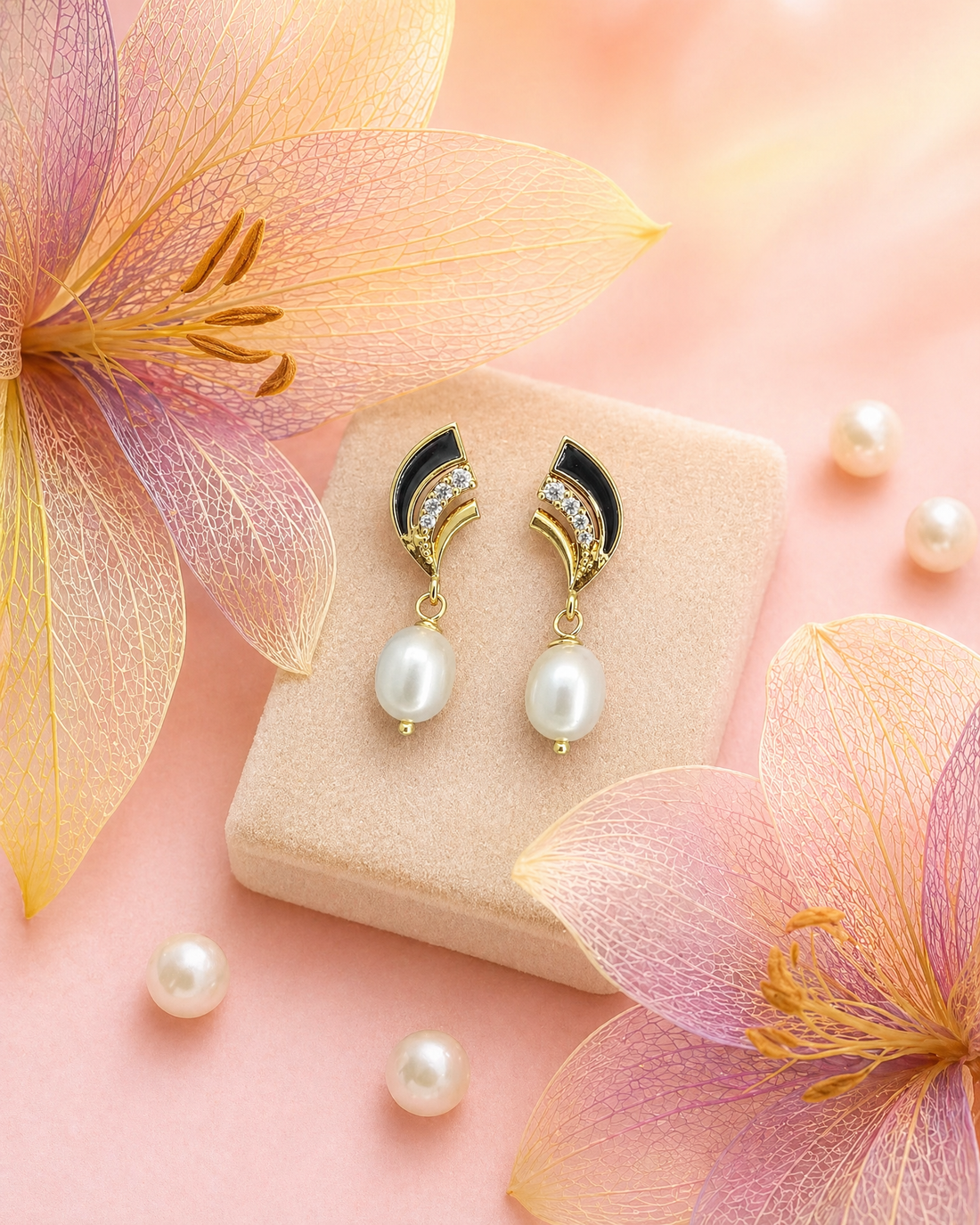 Modern Art Deco Winged Pearl Drop Earrings