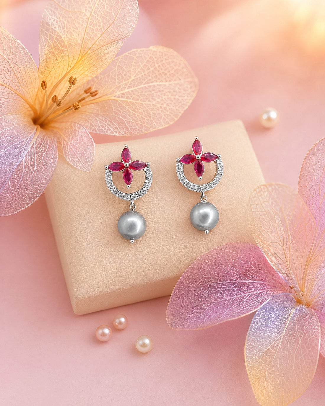 Elegant Silver-Tone Floral & Grey Pearl Drop Earrings
