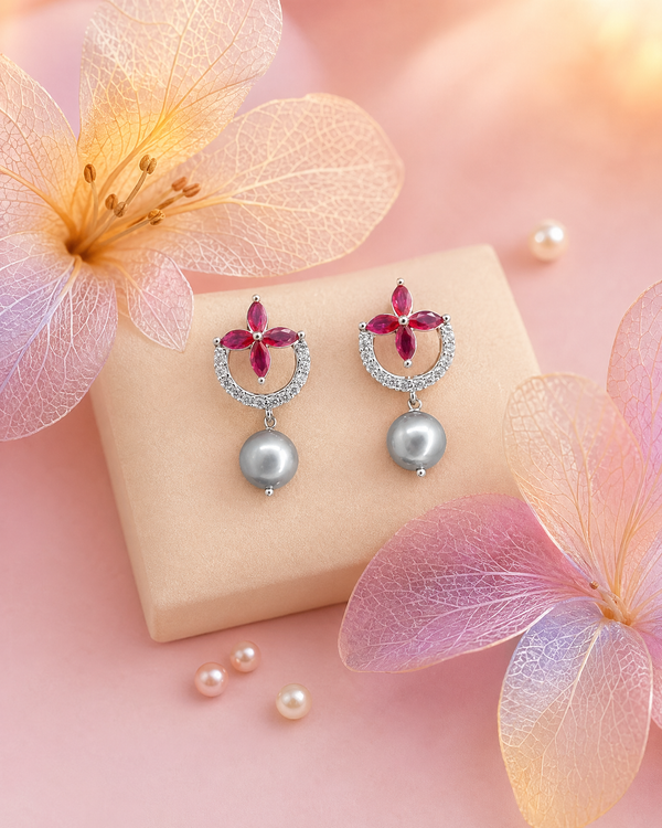 Elegant Silver-Tone Floral & Grey Pearl Drop Earrings