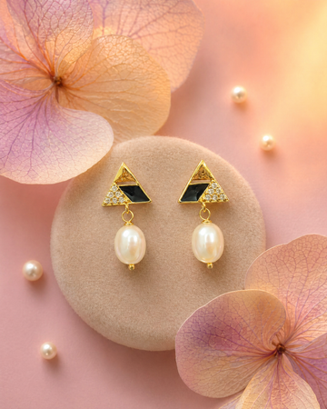 Modern Deco Geometric Triangle Teardrop Pearl Earrings
